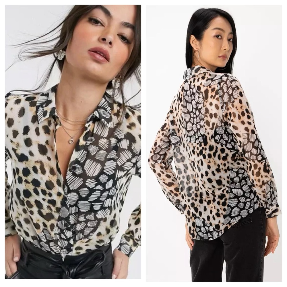 Asos Design long sleeve Mixed Animal semi sheer button down shirt size 8